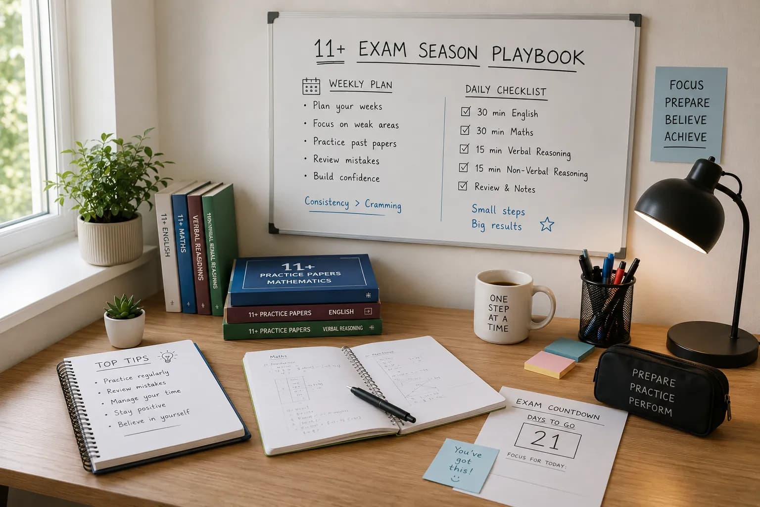 Tutor mapping a 90-day 11+ preparation timeline with mock exam dates marked on a wall calendar