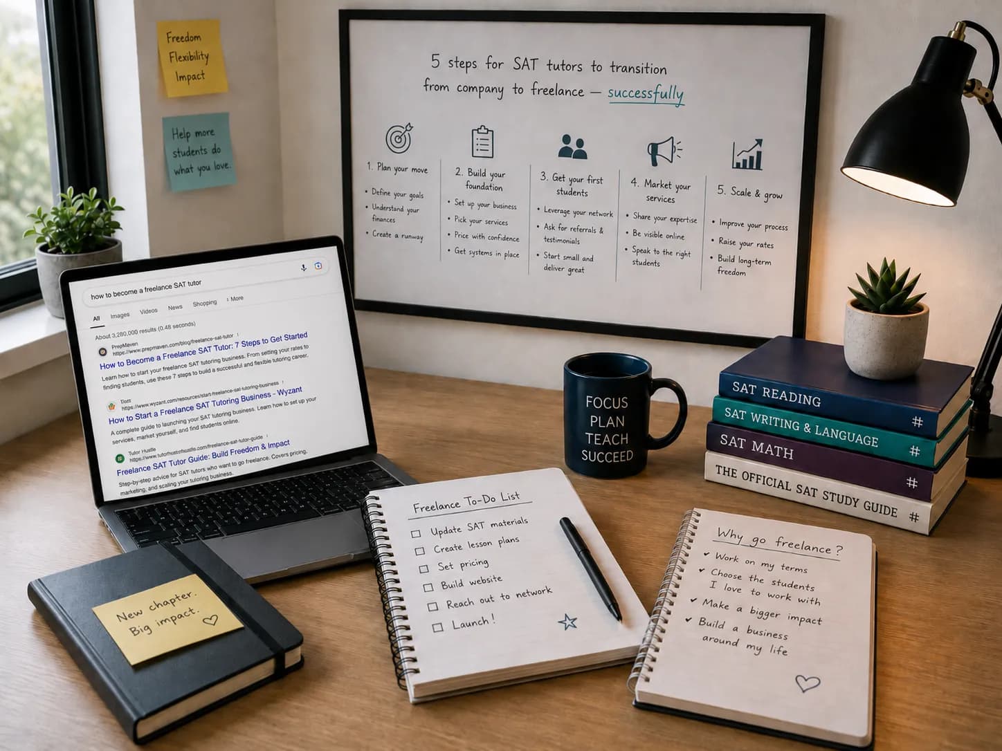 An independent SAT tutor planning the move from an agency to a freelance test-prep business