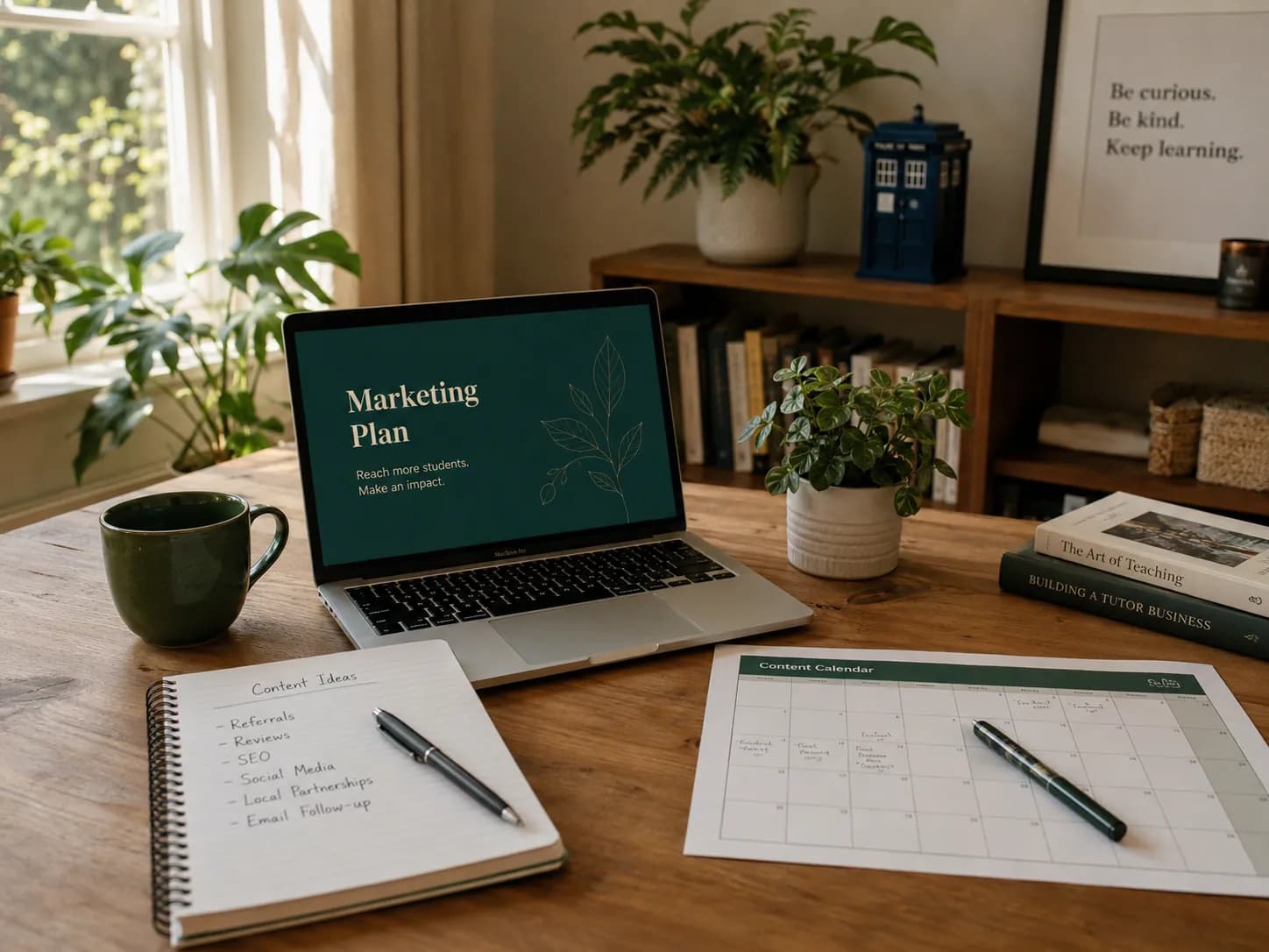 A tutor planning marketing channels on a whiteboard, from referrals to paid ads