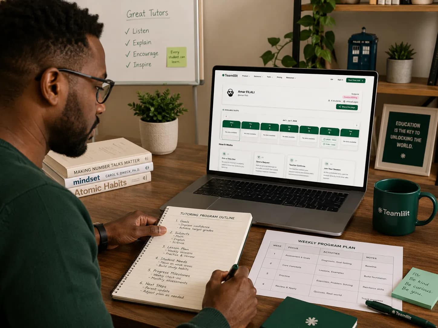 A tutor's structured program plan showing a student's goals, session sequence, and progress tracking