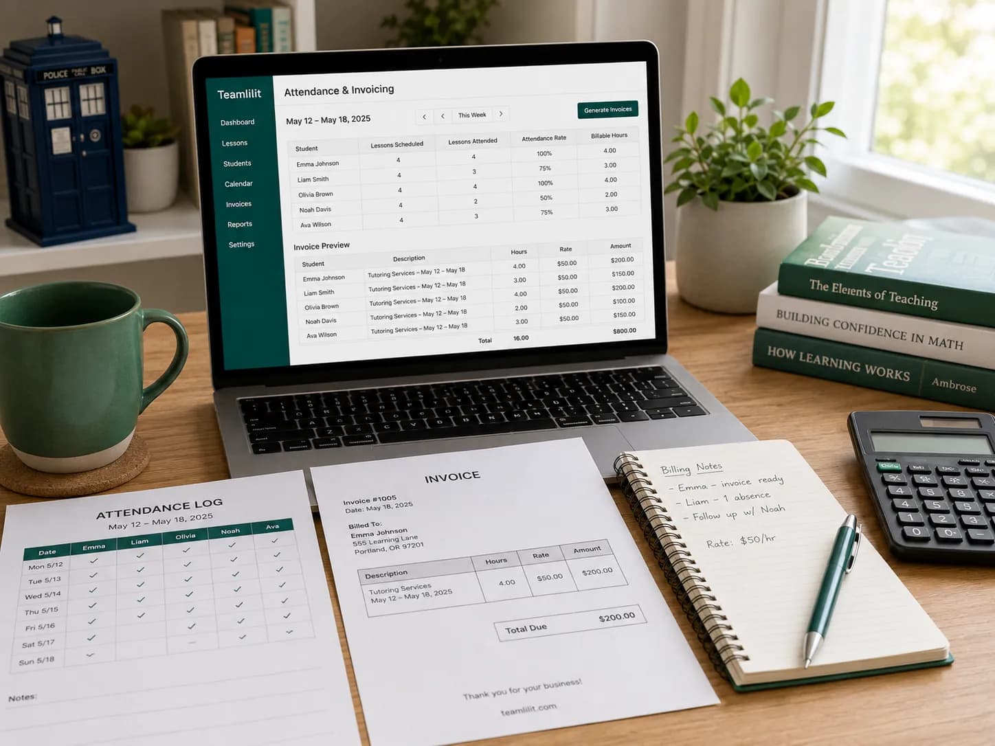 A tutoring invoice built from lesson attendance records, showing attended and cancelled lessons with billable time