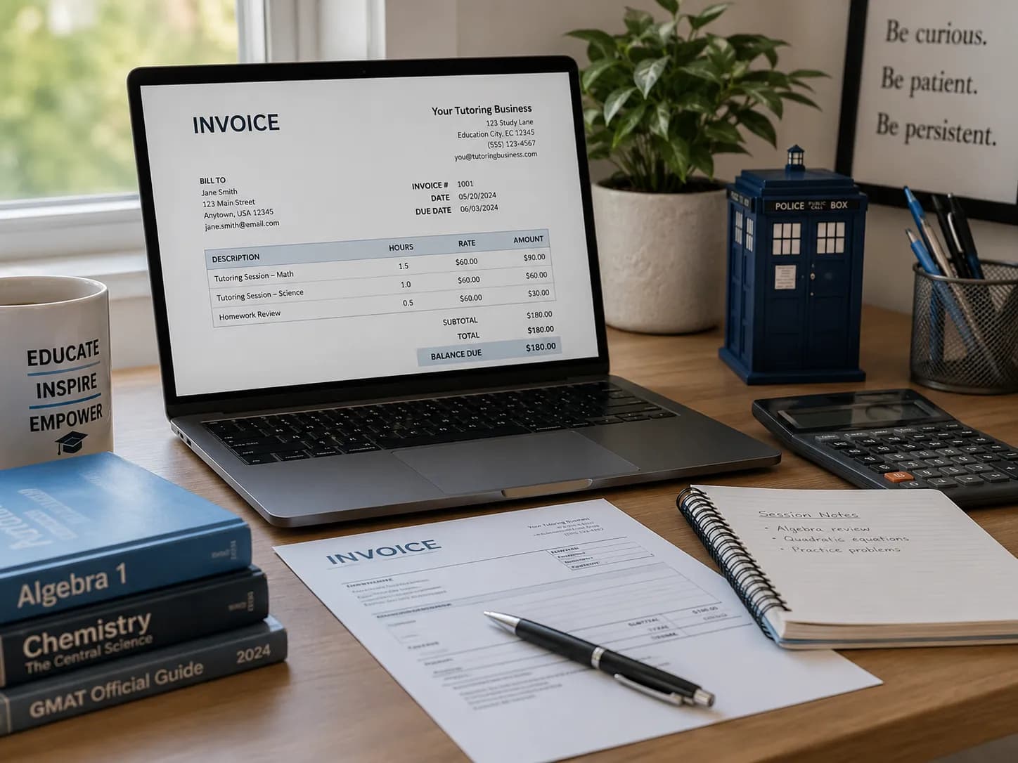 Tutor preparing a professional invoice for tutoring lessons delivered during the month