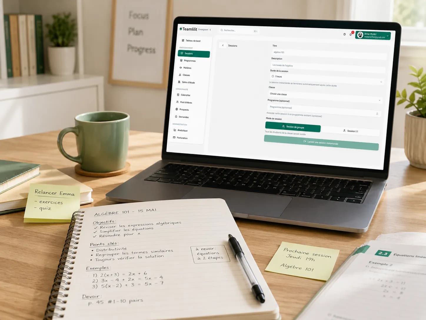 A private tutor writing a short lesson note after a session, with the student's profile, attendance, and homework visible in one place