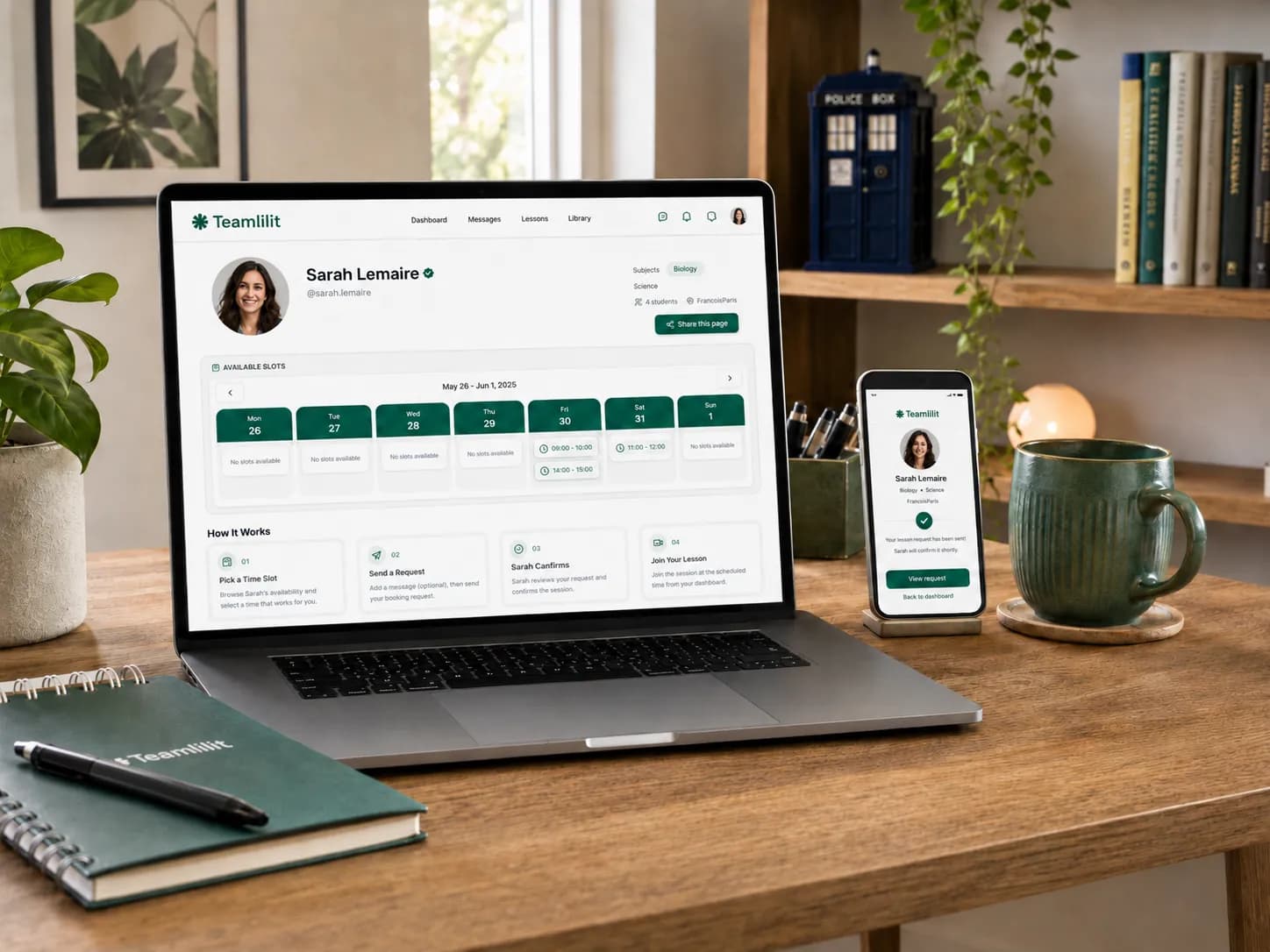 A tutor's online booking page showing available time slots a parent can book without messaging