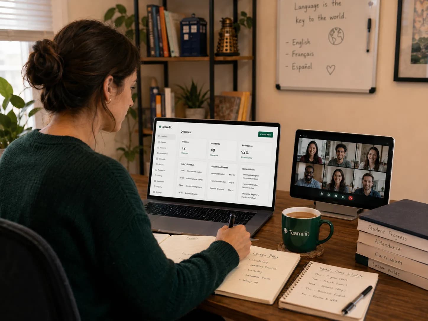 An online language school dashboard showing classes, tutors, attendance, and billing in one view