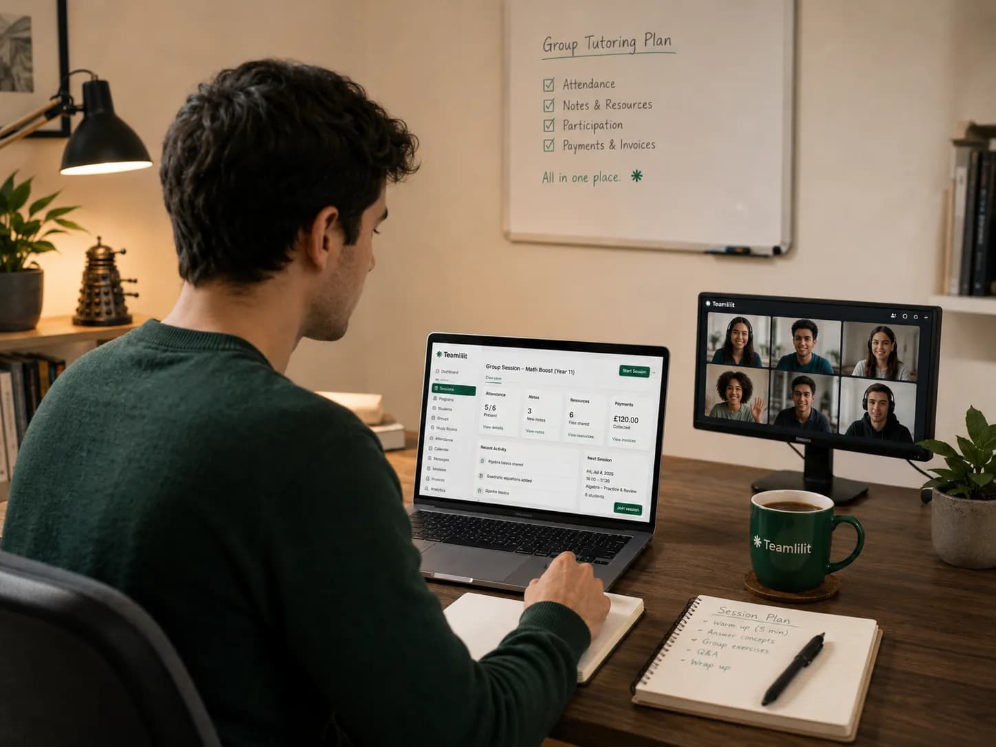 A tutor running an online group session with an attendance and payment tracker beside the class