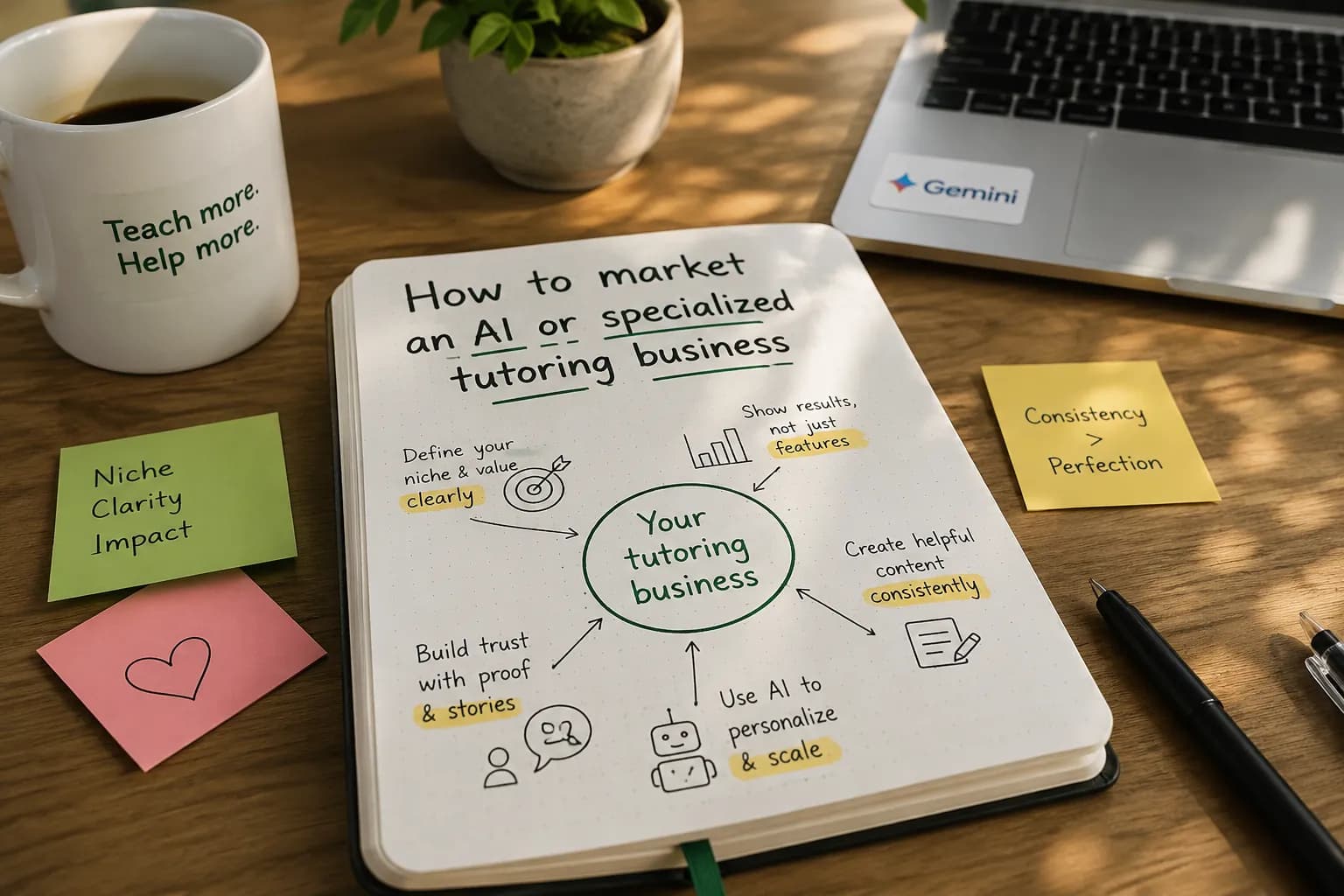A specialist AI tutor planning how to market their tutoring business, with a project showcase and booking page on screen
