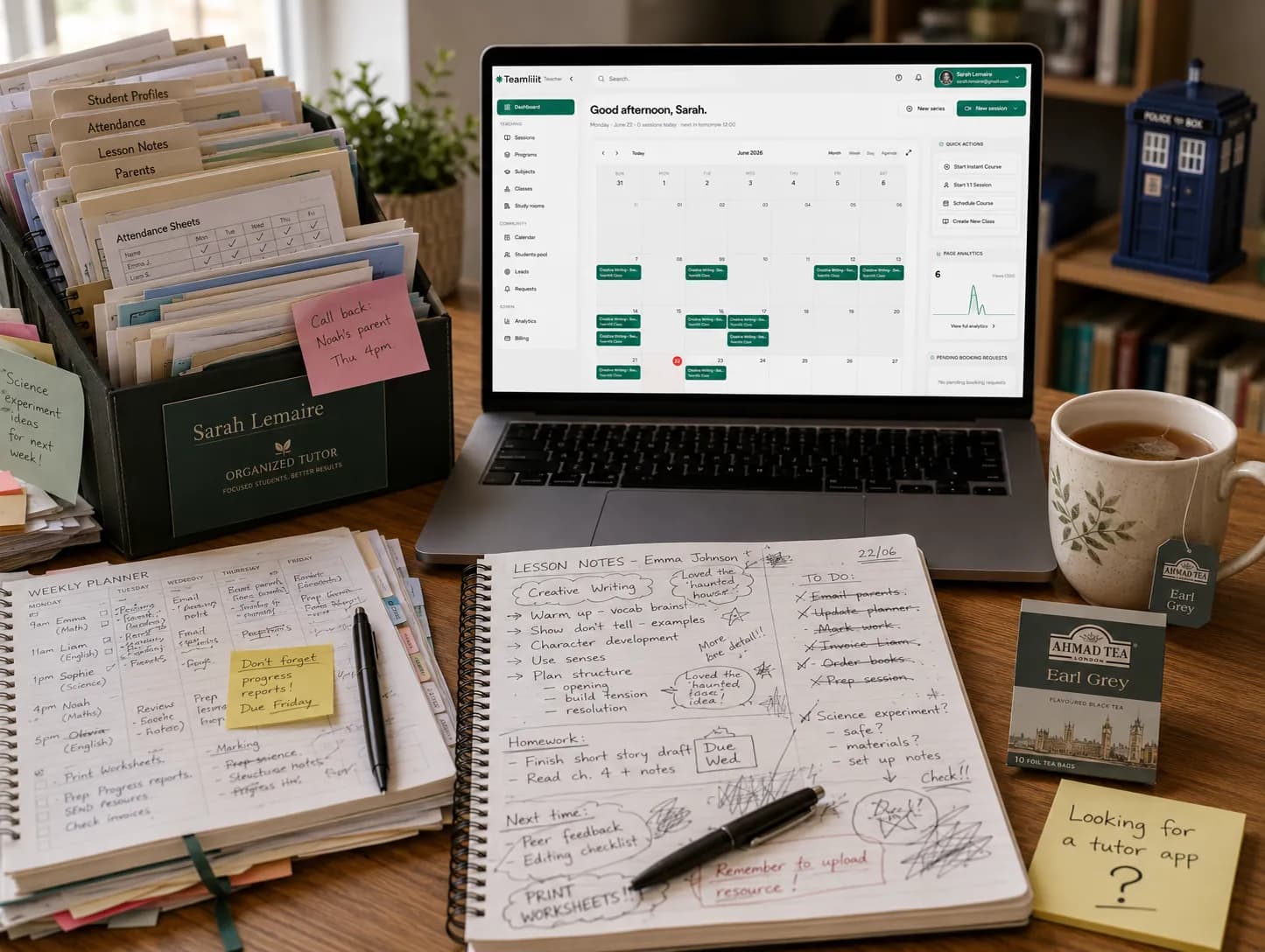 A private tutor reviewing a single student profile that holds lesson notes, attendance, parent contact, and invoice status in one place