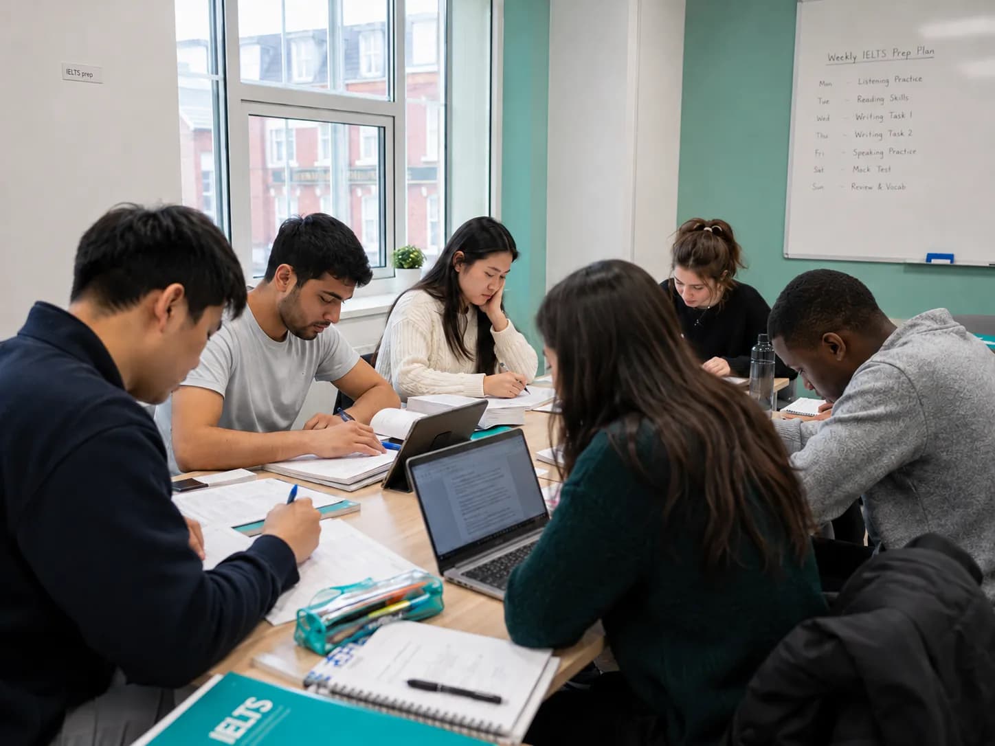 A tutor planning an IELTS and Cambridge exam prep schedule with lesson notes and a progress tracker