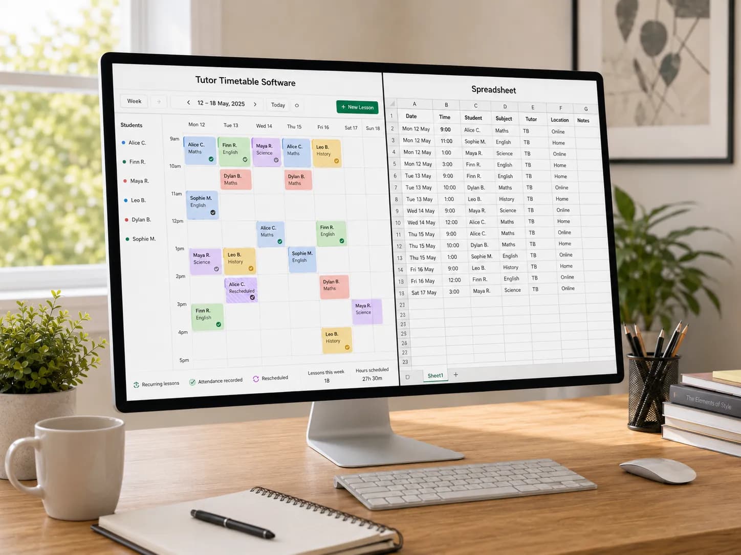 UK tutor comparing a messy spreadsheet timetable with a clean tutor scheduling software dashboard