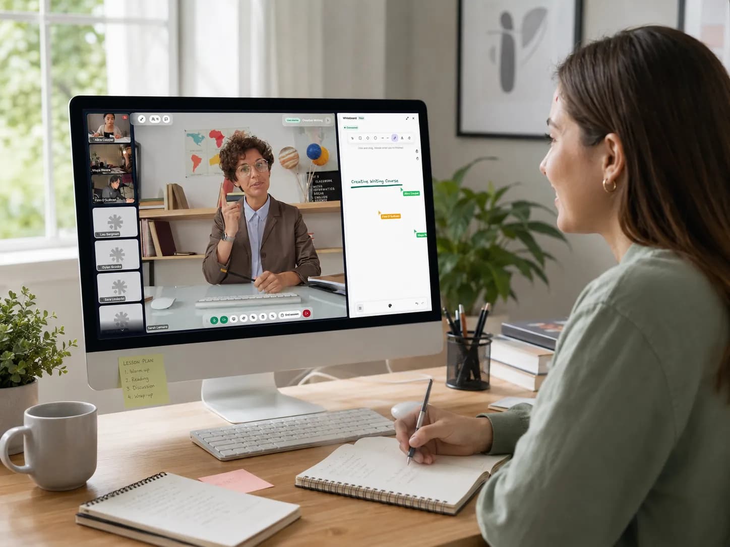 A tutor teaching online in a virtual classroom that brings lessons, scheduling, homework and progress into one place