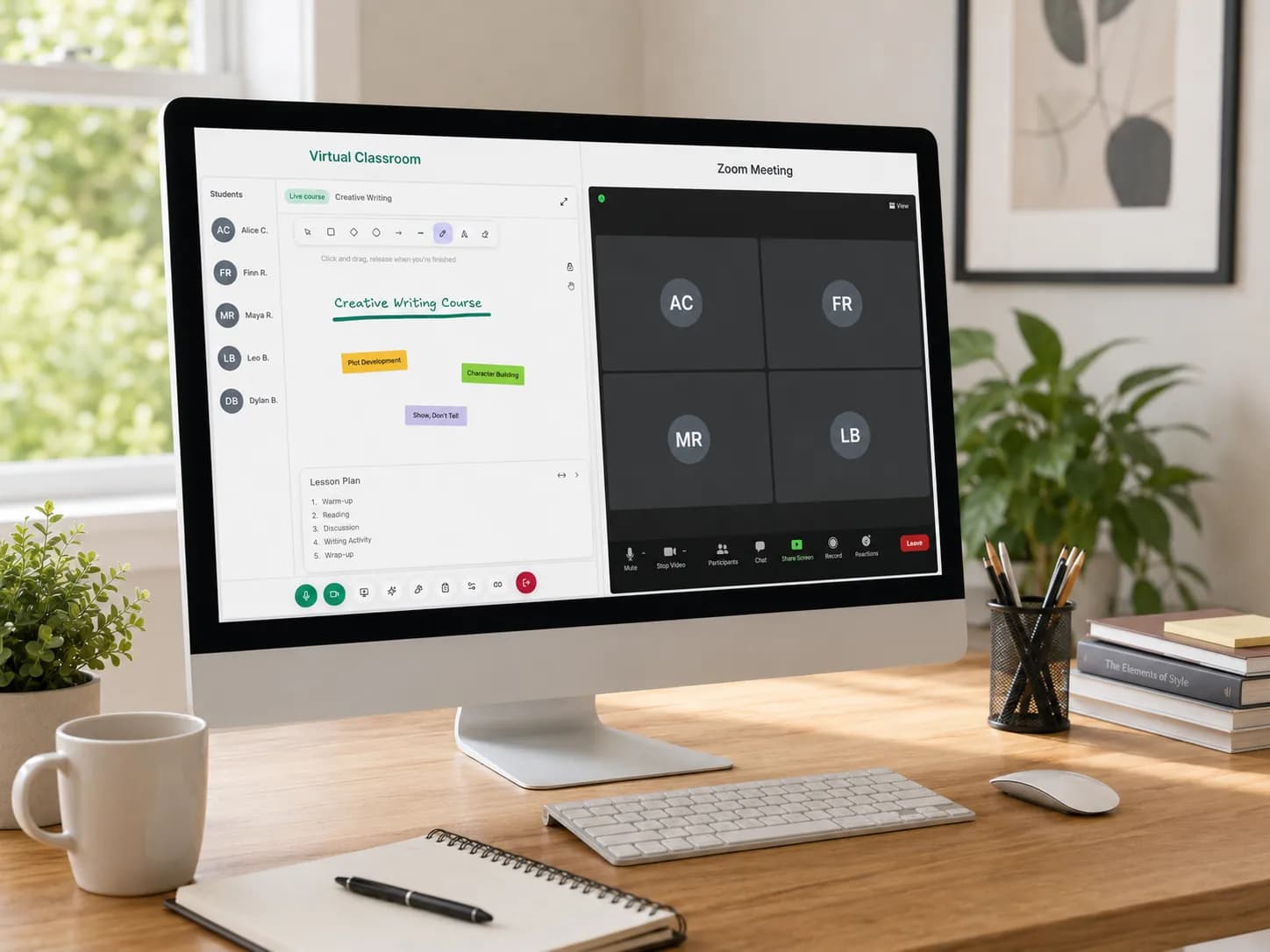 A tutor comparing a plain Zoom call with a connected virtual classroom that holds schedule, students, homework and attendance