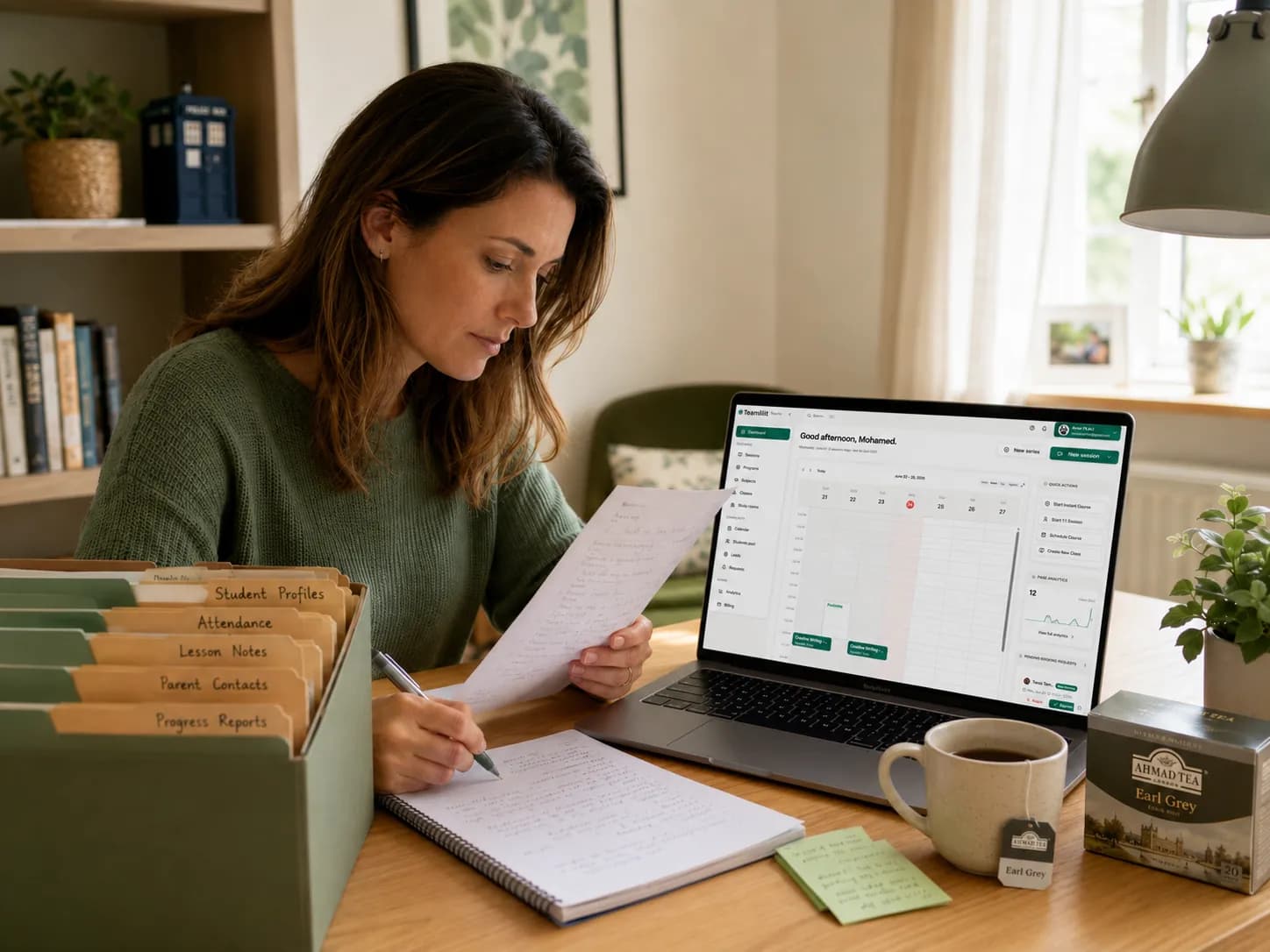 A private tutor reviewing organised student records: profile, lesson notes, attendance, and invoices kept separately and securely