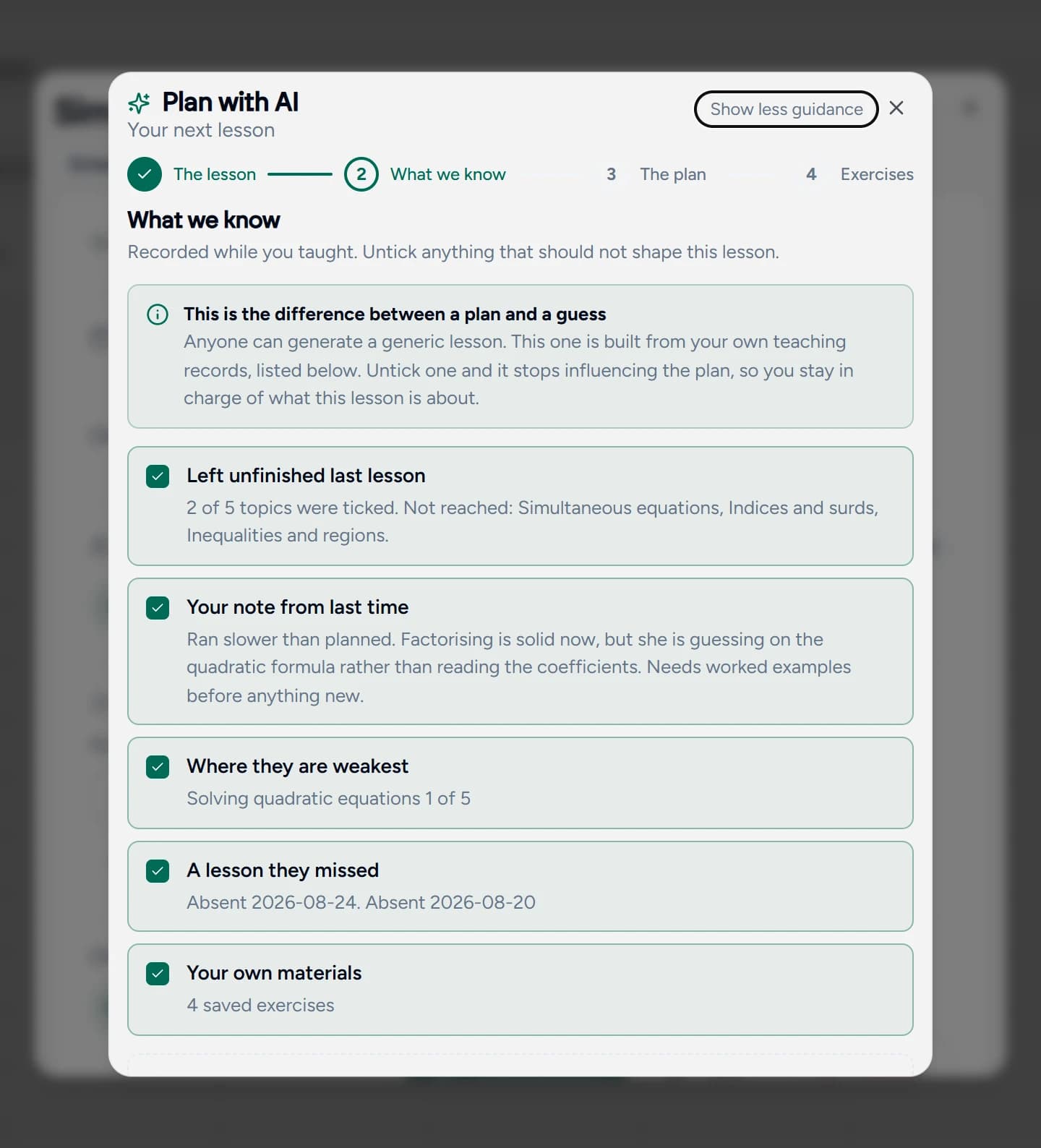 Step two showing four records from the tutor's own lessons, each with a checkbox and the credit cost stated
