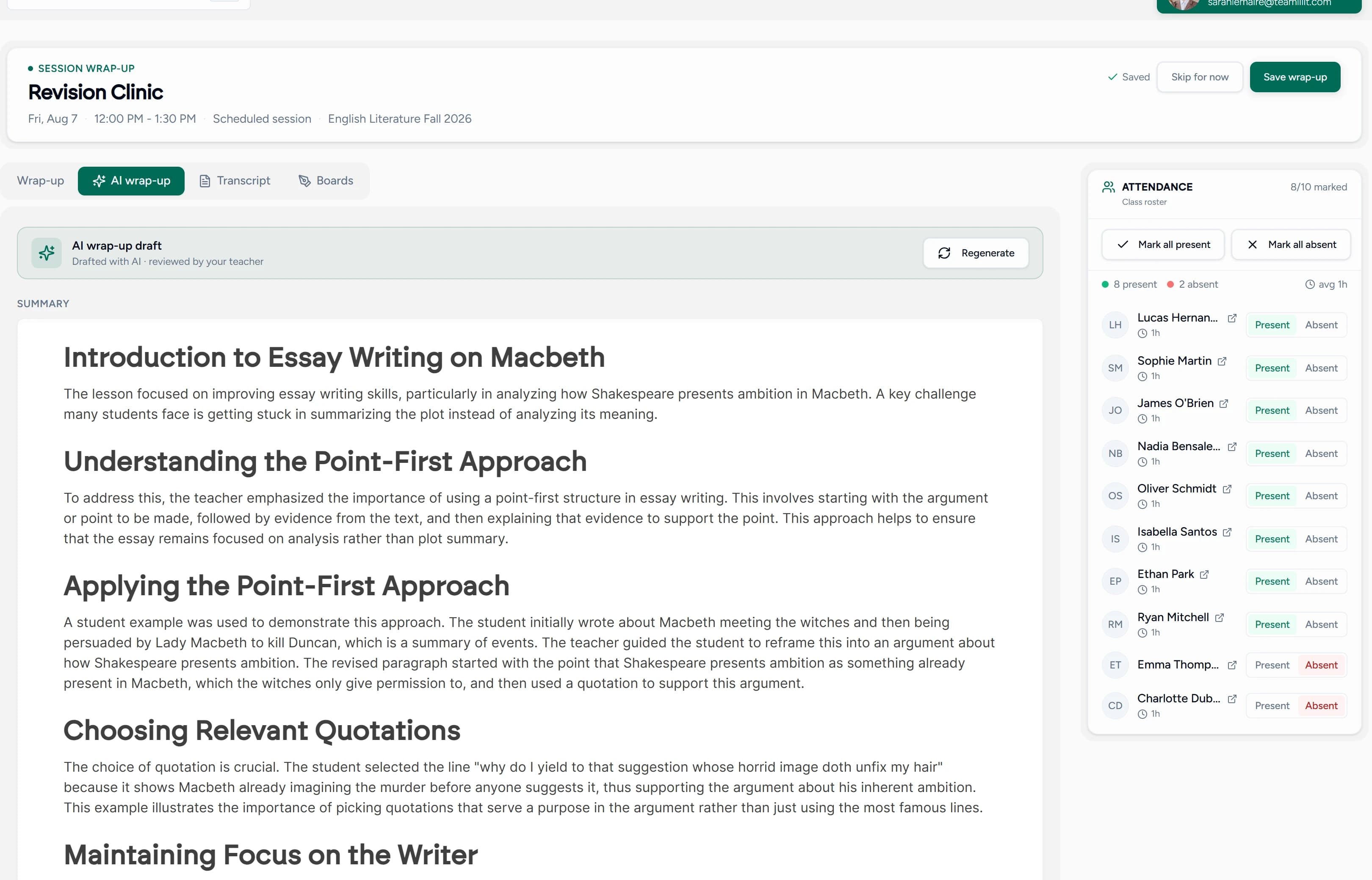 Teamlilit AI wrap-up draft showing a generated lesson recap with headed sections on essay structure and quotation choice, marked as drafted with AI and awaiting teacher review