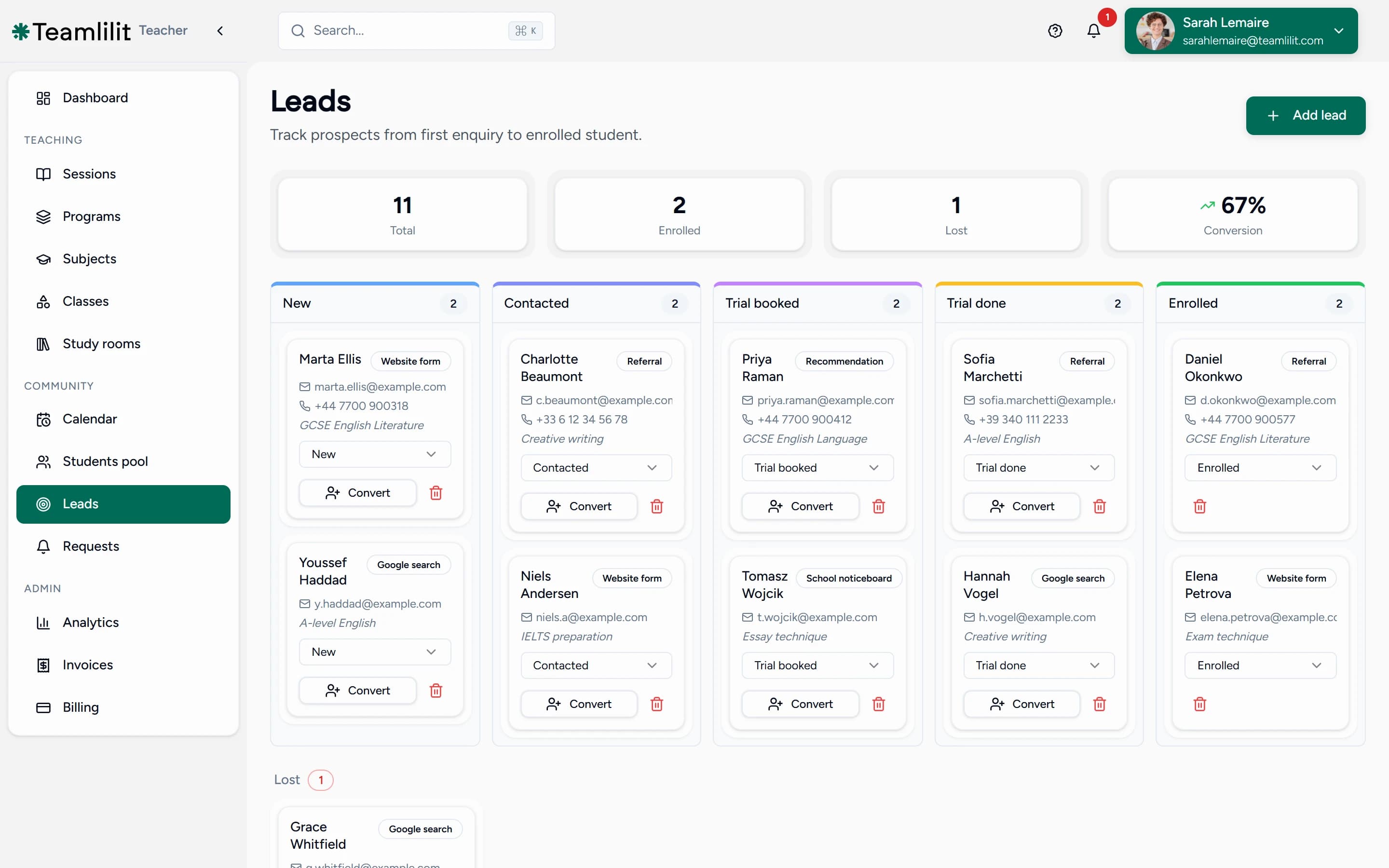 The Teamlilit leads board: enquiry cards moving through New, Contacted, Trial booked, Trial done and Enrolled columns, each with the subject and source