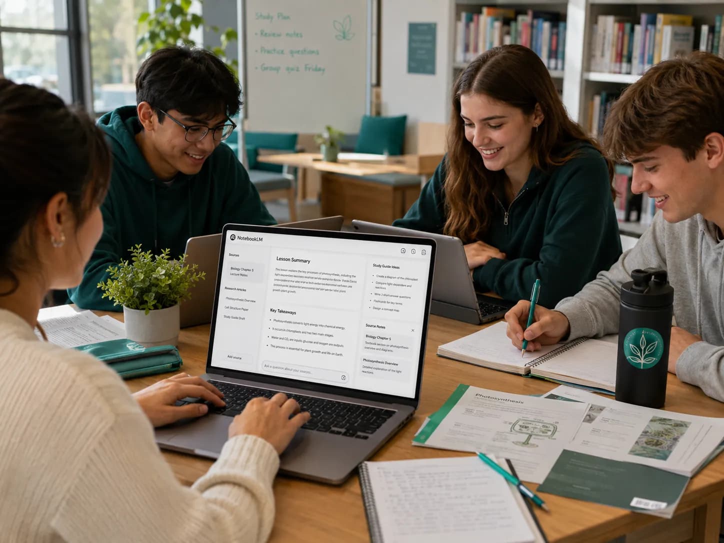 A tutor converting a page of written study notes into a short captioned video on a laptop, with a student watching the clip on a phone