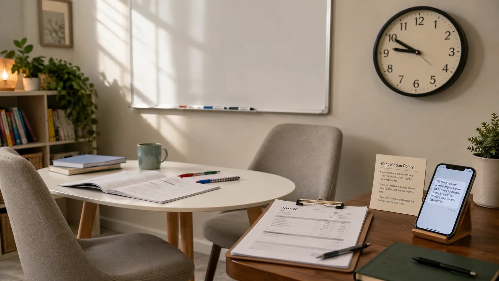 A tutor deciding what to charge for a late cancellation, with the lesson record and the invoice line open side by side