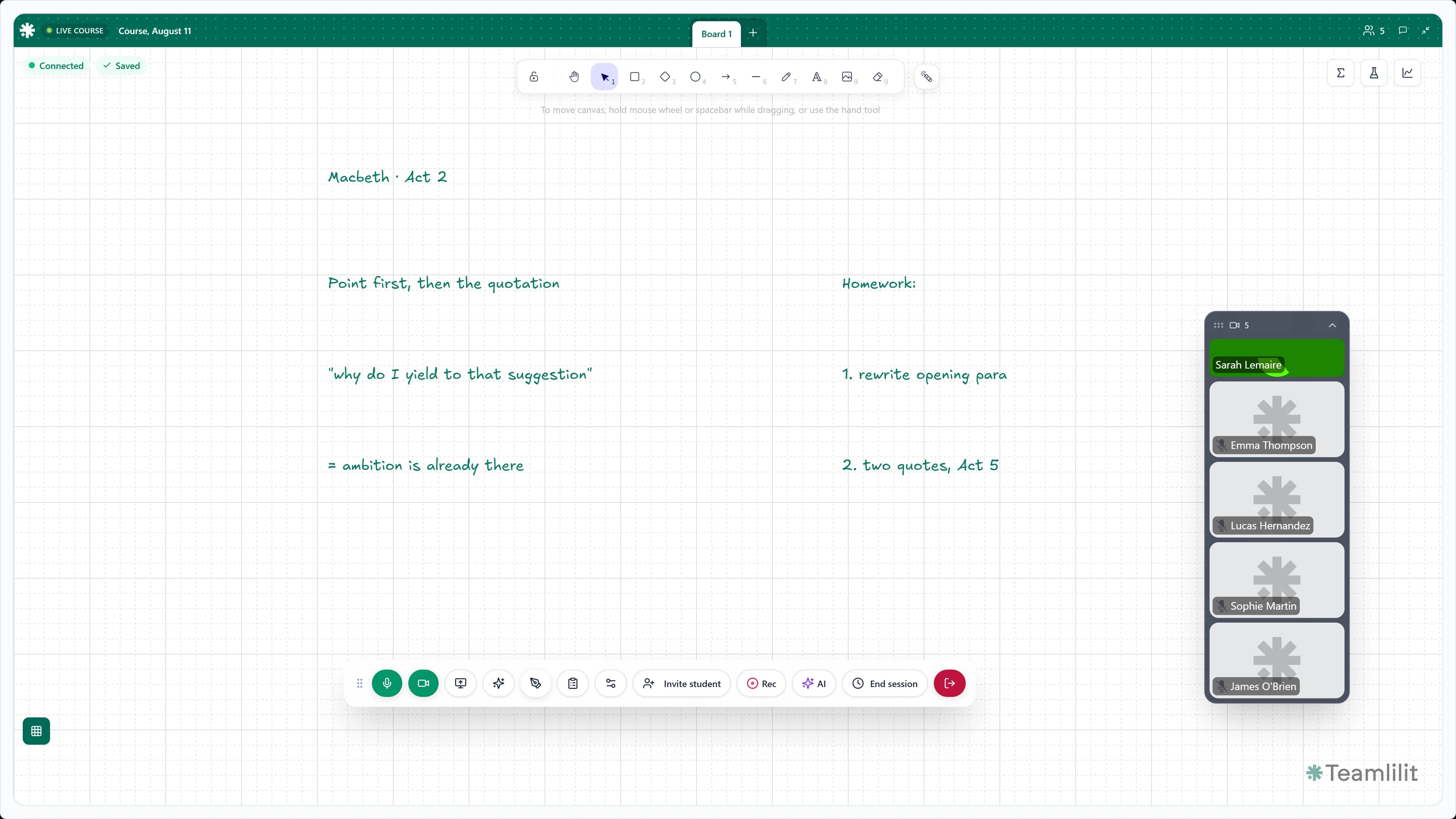 A Teamlilit lesson in progress showing the shared whiteboard mid-lesson, the connected class listed by name in the side panel, and the teaching controls beneath