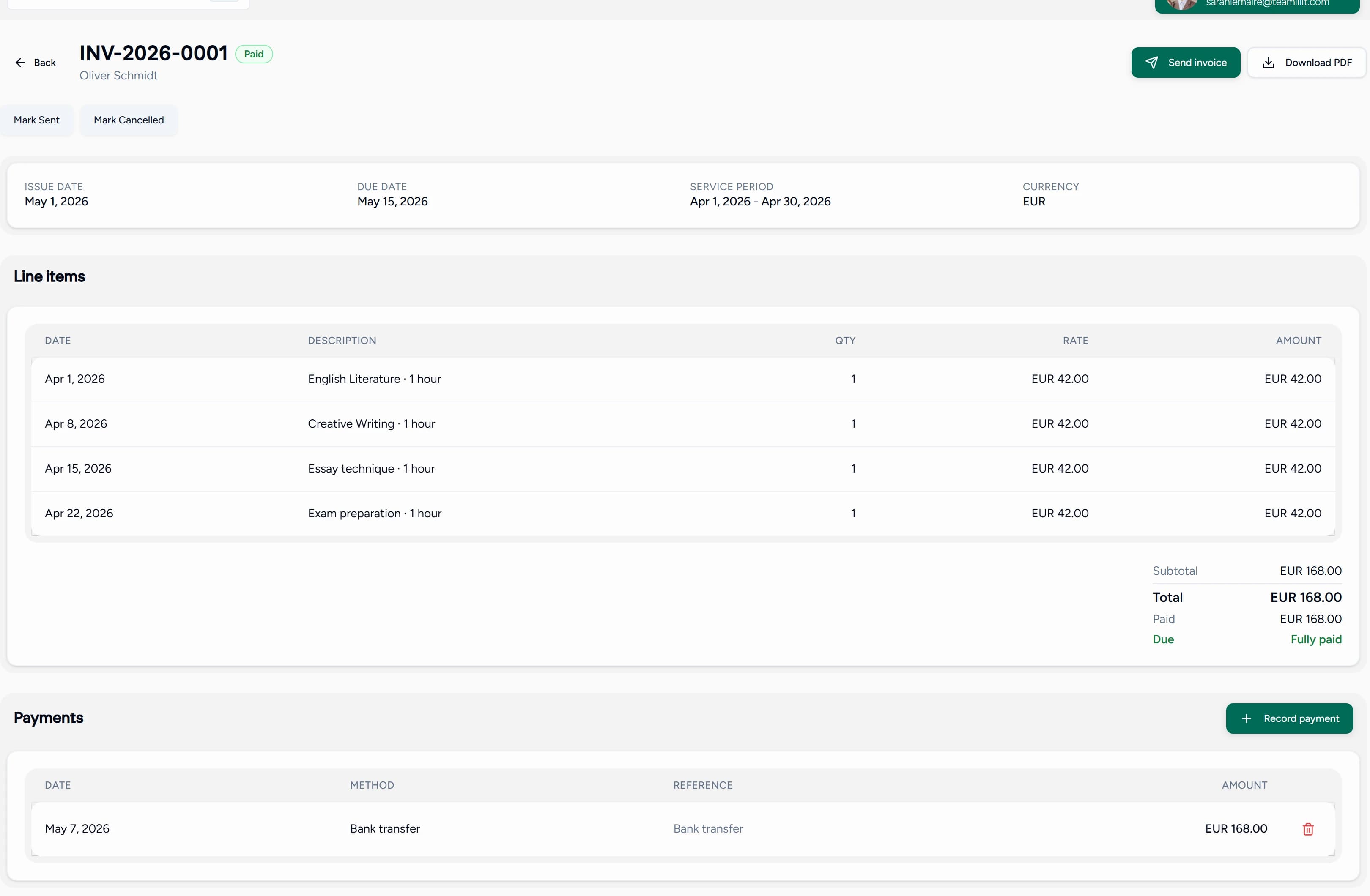 A paid Teamlilit invoice with one dated line per lesson taught, each at the student's hourly rate, with the subtotal, total and the payment received