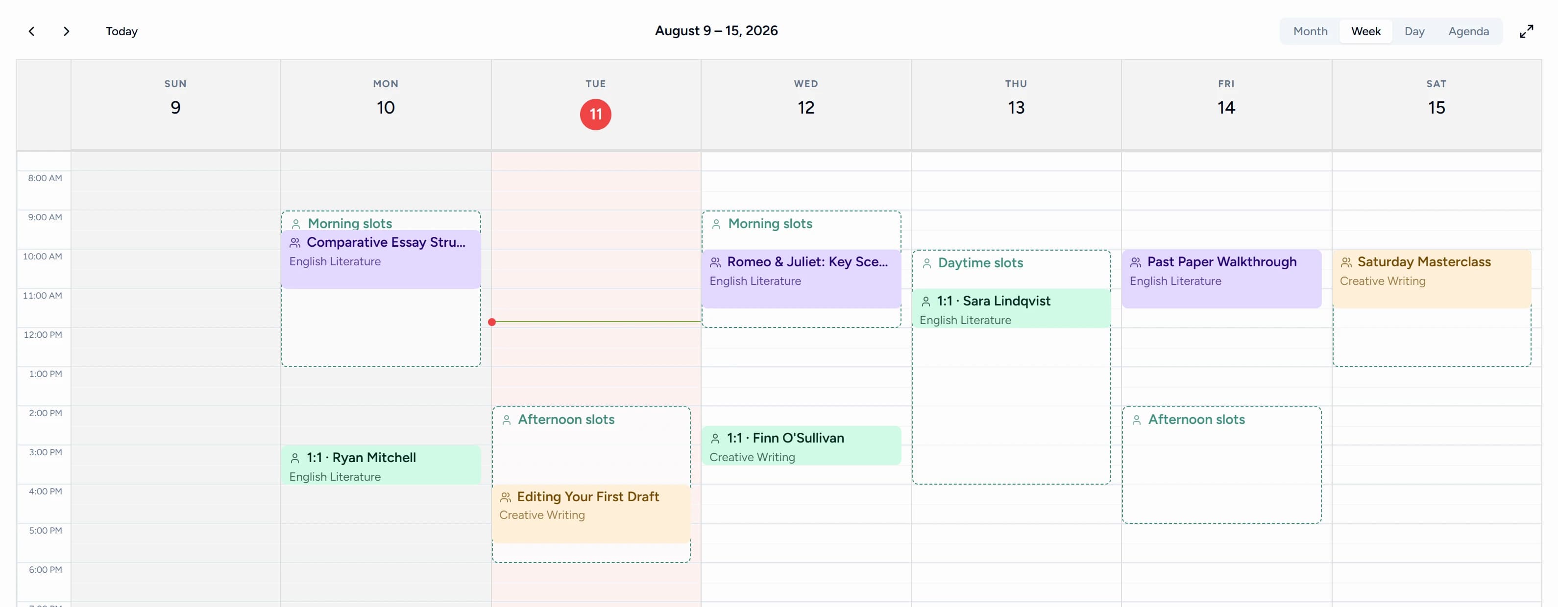 Teamlilit week view showing recurring availability blocks with the booked lessons sitting inside them