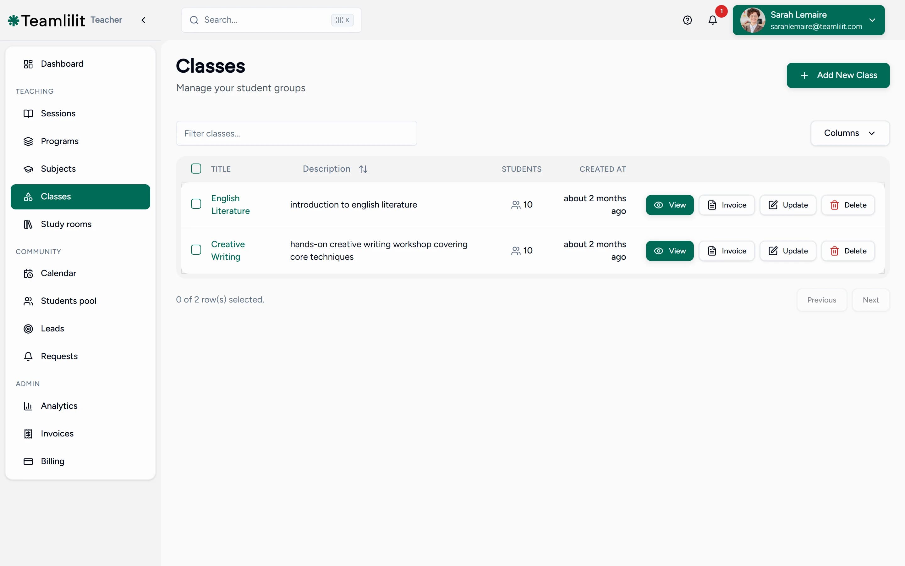 The Teamlilit classes list showing each group with its student count, ready to invoice or open