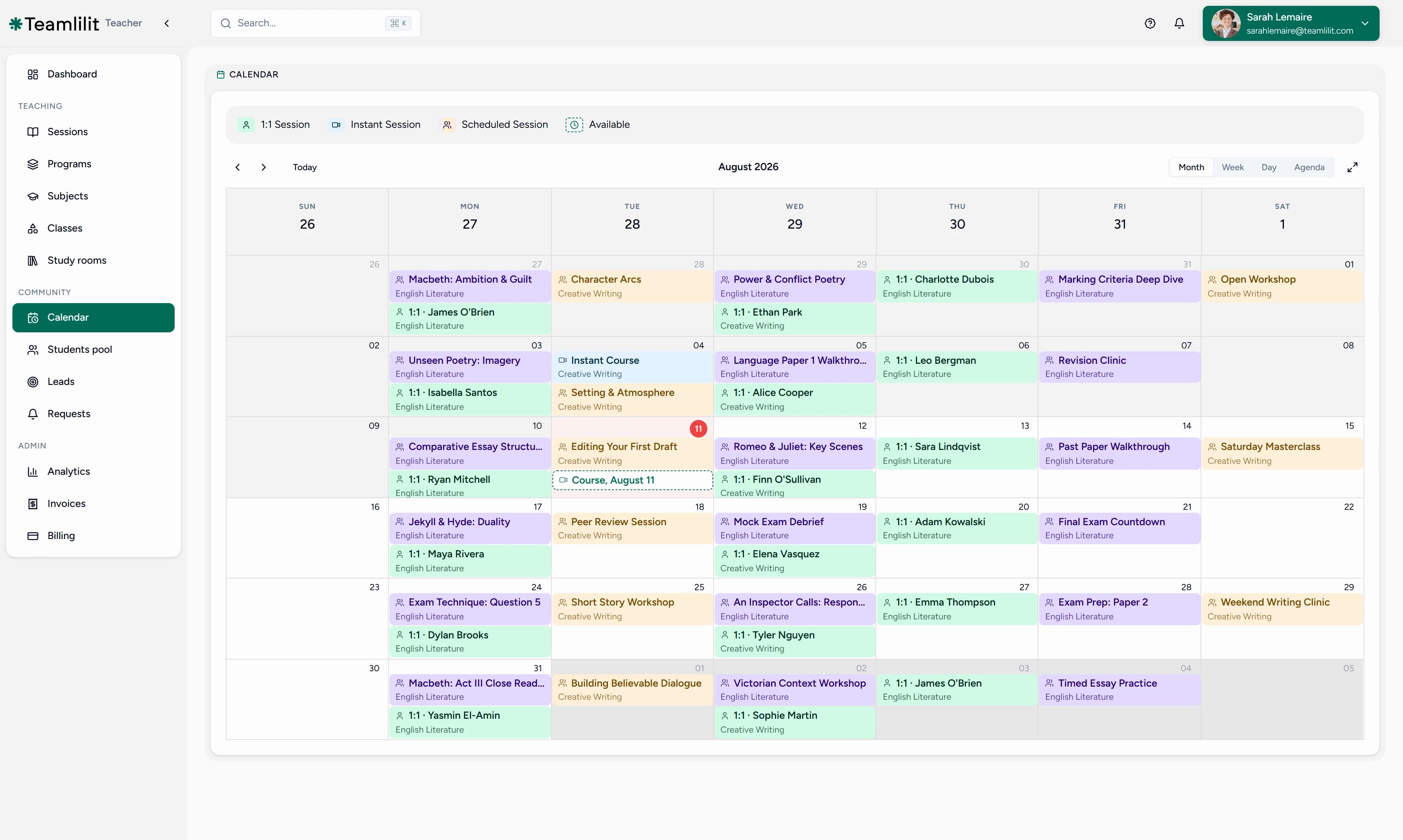 Teamlilit tutoring timetable in month view with group classes and 1:1 lessons across the whole month, each showing its student and subject